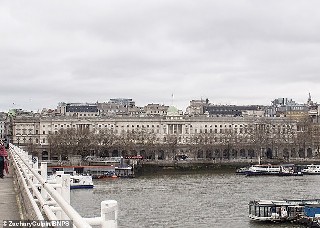 Somerset House is seen above from Waterloo Bridge. The historic building was built at the end of the 18th century.