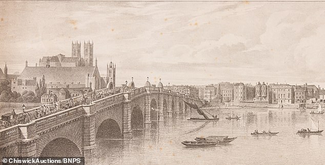 Westminster Bridge with Parliament behind. Big Ben had not yet been built, which made the scene look very different than it does now from the same angle.