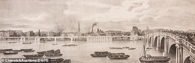 Blackfriars Bridge is seen in another of the sketches, with smoke rising from the industry.