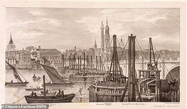 A sketch of London Bridge under construction. This version of the bridge was built in 1830 but was replaced in 1968.