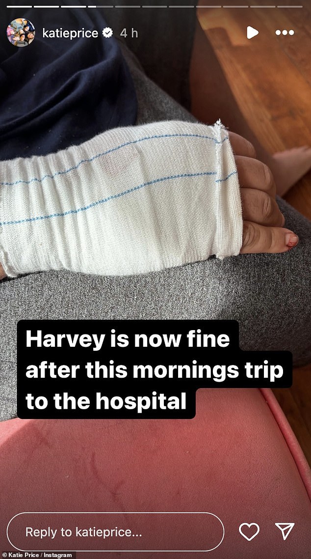 While it is unknown what caused the incident, Katie confirmed tonight that Harvey is fine and improving as she shared a photo of her bandaged hand.