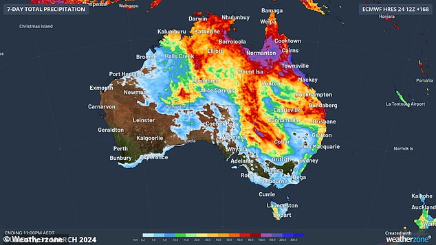 Queensland is set to face the worst of wet conditions with rain forecast for much of the long weekend (wet weather map pictured)