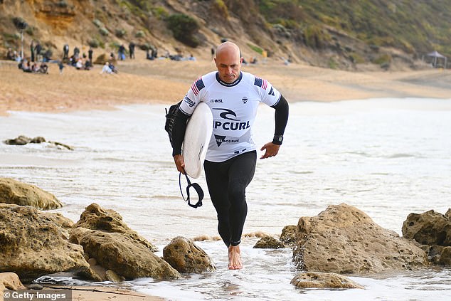 Slater, 52, won his first-round heat at the Rip Curl Pro at Bells Beach on Tuesday (pictured), beating Hawaiian star John John Florence.
