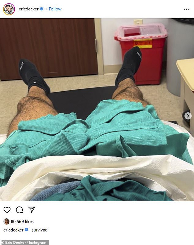 Eric shared a variety of photos with his fans and followers, including a snapshot that was taken while he was resting on a bed inside a hospital room.