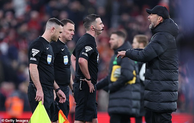 Jurgen Klopp angrily confronted referee Michael Oliver at the final whistle