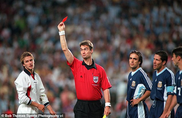 Beckham received a straight red card for kicking Diego Simeone (centre right) in a moment of frustration.