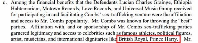 Harry appears on page 63 of the $30 million lawsuit filed against Diddy by record producer Rodney 'Lil Rod' Jones.