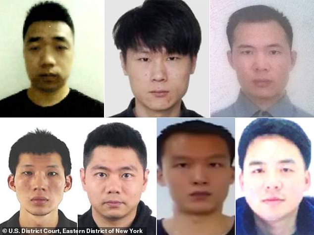 Above, photos of the Justice Department indictment: (top left to right), Ni Gaobin, Weng Ming, Cheng Feng, (bottom left to right) Peng Yaowen, Sun Xiaohui, Xiong Wang and Zhao Guangzong