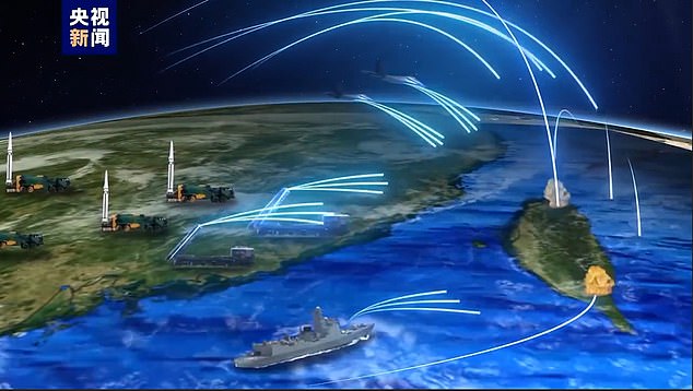 Although the malicious code, buried within critical US infrastructure, has not yet led to a cyberattack, US intelligence officials believe Beijing planted it to thwart US efforts to defend Taiwan. Above, still image from an animated video shared by China's military in spring 2023, simulating how China would launch an all-out attack on Taiwan.