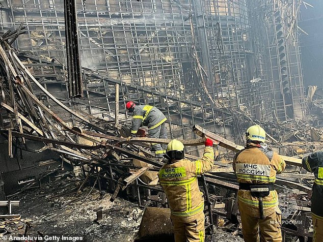A view of damage to the Crocus City Hall concert hall near Moscow, Russia, after the fire was extinguished following an attack by gunmen on March 23, 2024.