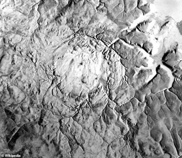 An aerial shot of the Haughton impact crater, which measures 14 miles in diameter.