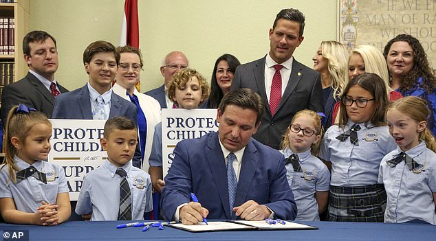 Florida Governor Ron DeSantis signed the Parental Rights in Education bill, also known as the 'Don't Say Gay' bill, at Classical High School on March 28, 2022.
