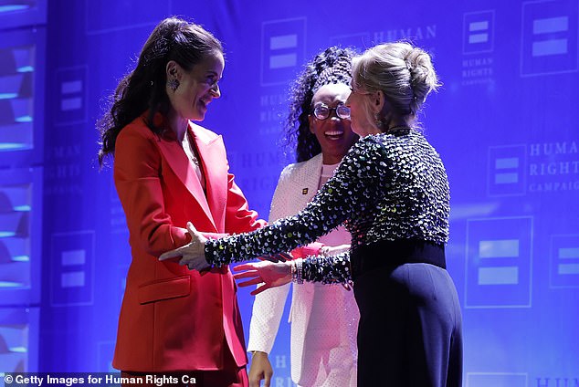 The First Lady was congratulated on her speech in Los Angeles by her daughter Ashley and Kelley Robinson, president of the Human Rights Campaign.