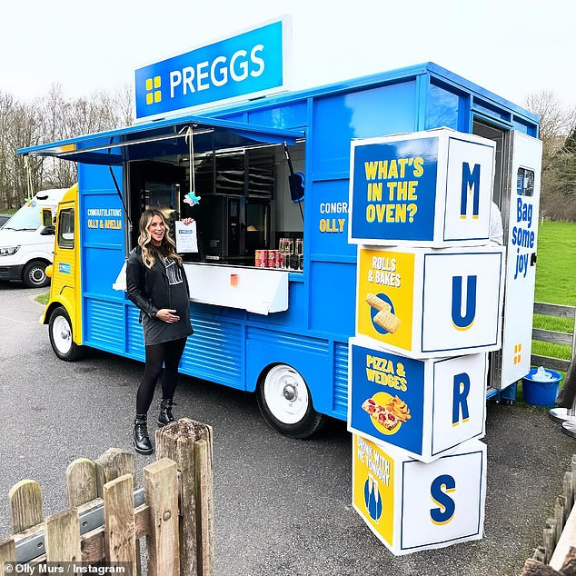 Olly had organized a 'Preggs' food truck to provide food and drink for his guests while Amelia posed in front of him in a chic black ensemble for a photo.