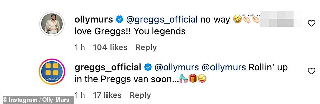 But it was Greggs who made Olly's heart skip a beat when he wrote: 'Congratulations on your bun in the oven!  The Sausage Rolls are on us'