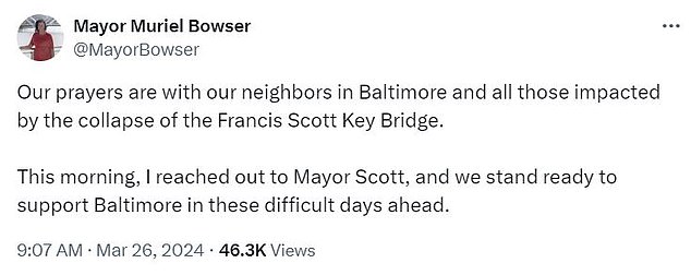 Bowser posted a more formal response to the bridge collapse two hours later from his official Mayor X account.