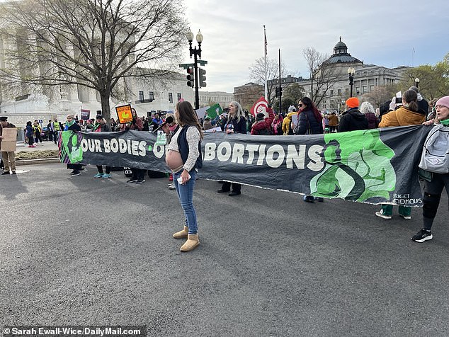 A lone pregnant woman protesting against abortion in front of abortion rights protesters.  She had painted 'human too' on her pregnant belly