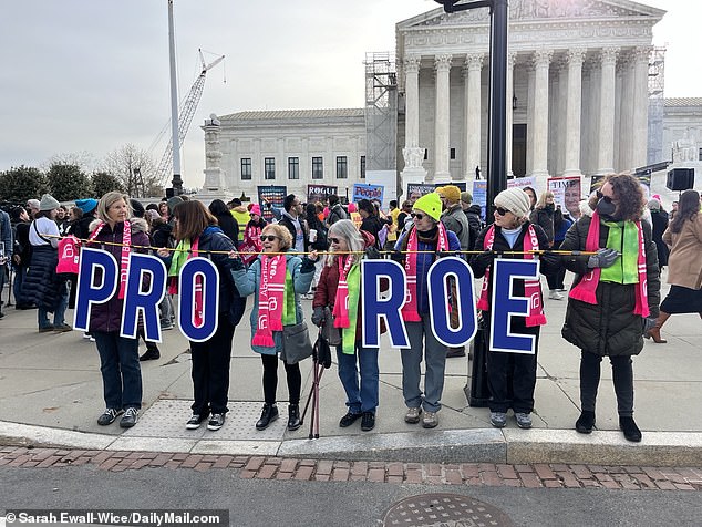 Women carrying a 'pro Roe' sign in front of the Supreme Court