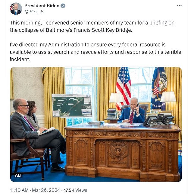 The White House tweeted a photo of President Joe Biden being briefed on the bridge collapse.