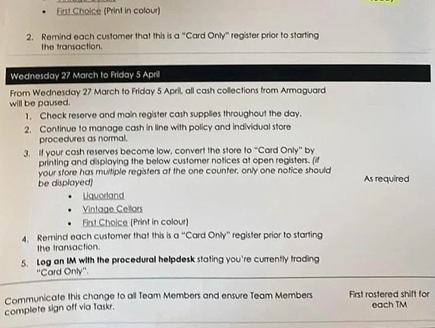 The memo instructed workers to convert to 'card only' if cash reserves fell (pictured)
