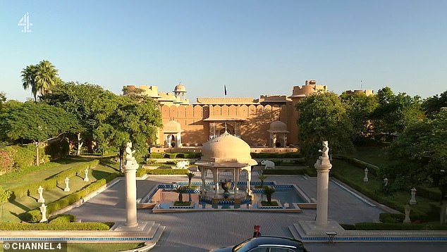 The drama unfolded in Channel 4's new program Grand Indian Hotel, which aired last night (pictured: aerial scenes from the exclusive Oberoi Rajvilas in Jaipur, India)
