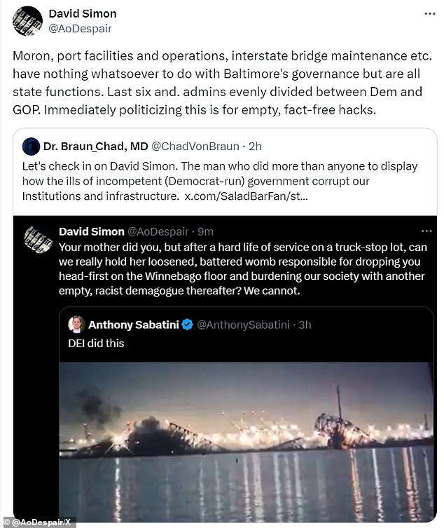 Simon posted several times on X to counter conspiracies that the bridge collapse was intentional.