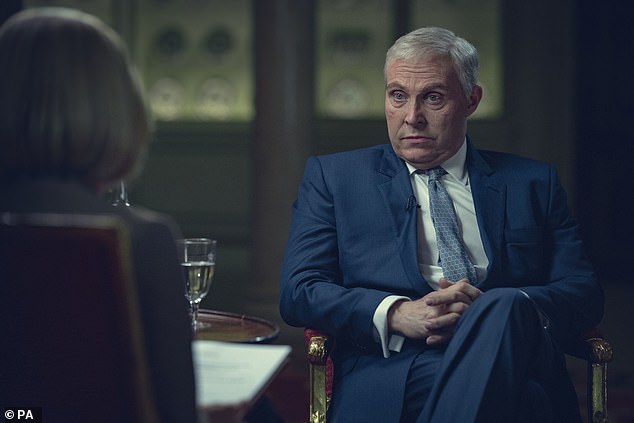 The actor, 56, said he thought he could 'get behind' the role but panicked when it was offered to him and confessed he thought 'what have I done?'  (Rufus depicted as Prince Andrew)