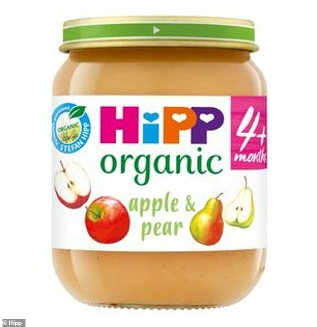 The study said new regulations should ban the use of added sugars and sweeteners, limit sugar and sodium content, and ban deceptive marketing and labeling practices. Pictured is one of the products that did not meet WHO nutrition and marketing standards: Hipp Organic Apple And Pear For Babies from 4 Months Onwards by Hipp