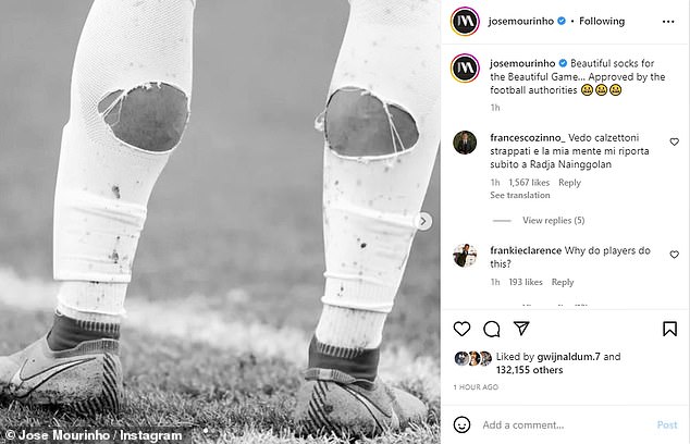 Mourinho shared a five-image post on his Instagram account showing players with holes in their socks.