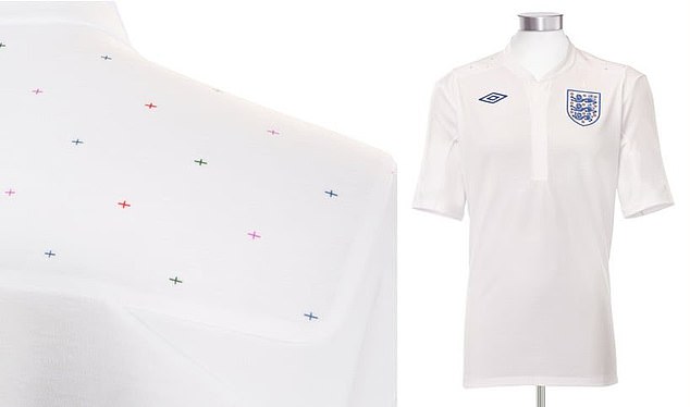 England's Euro 2012 kit designed by Umbro and Peter Saville features the St George's flag in four different colors on the upper back of the shirt: red, blue, green and purple.