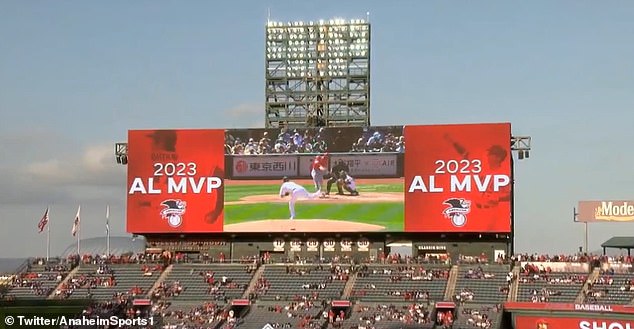 Highlights of Ohtani's MVP season were displayed on the screen as he stepped up to bat.