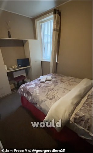 George's room seemed quite spacious with a double bed, chest of drawers and storage