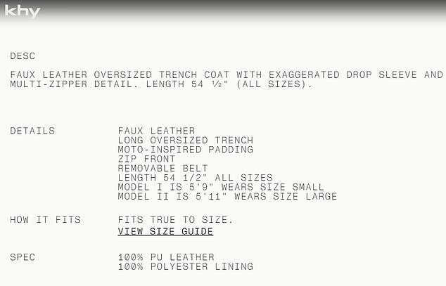 The online product specifications confirm that the trench coat is made of 100% PU leather or polyurethane.