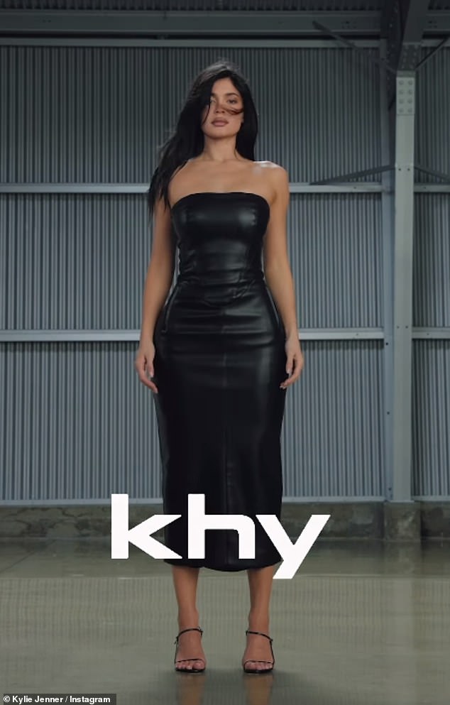 In a series of ads promoting the new line, Kylie herself was seen wearing a tight black strapless PU leather dress.