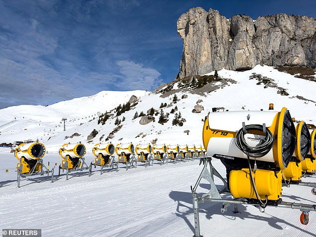 SWITZERLAND: Leysin ski resort has had to employ dozens of snow making cannons to bolster the covering (pictured February 15)