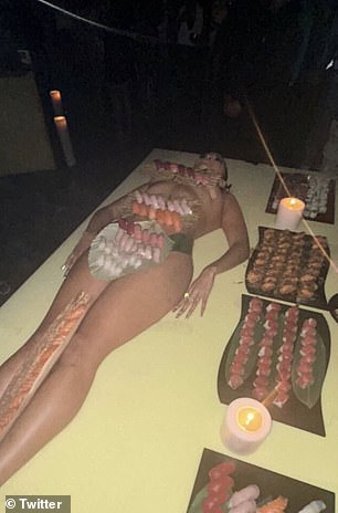 Kanye West was criticized for serving sushi on naked women's bodies at his 46th birthday party, where his nine-year-old daughter North was accompanied by his new 'wife' Bianca Censori.