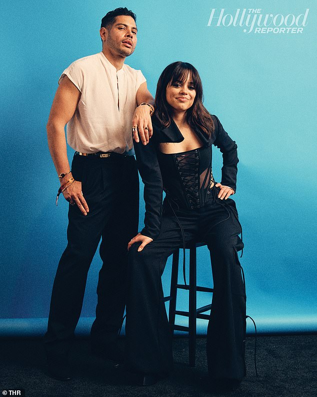 Jenna Ortega wore a black transparent corset top with pants - both from Monse - while posing with her stylist Enrique Meléndez