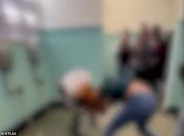 Shocking footage shows the moment Shaylee's head was aggressively slammed against a stall by another student in the women's bathroom during the violent fight on March 5, as several other girls stand and watch.