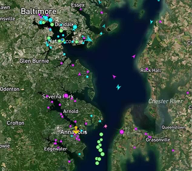 Each green dot is a large container ship or oil tanker stuck in the Chesapeake Bay, unable to enter the Port of Baltimore.