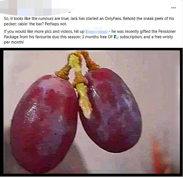 . They shared a picture of ripe grapes and wrote in the caption: 'So, it seems the rumors are true; Jack has started an Onlyfans. Here is the preview of his penis; Raising the bar? Maybe not'