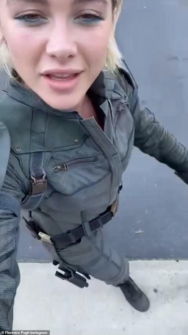 Pugh held up the phone/camera and showed off the new outfit her Yelena Belova character was wearing, which appeared to be an army green flight suit.