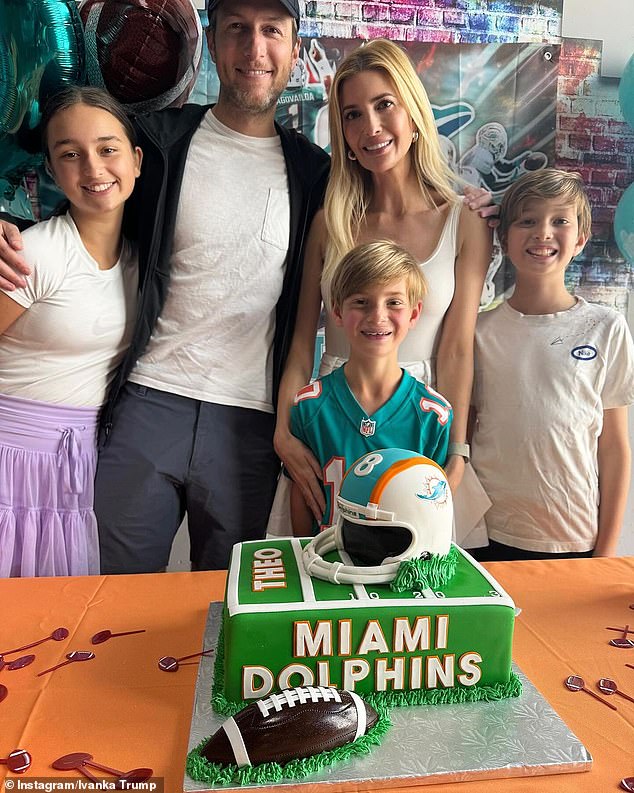 Ivanka and her husband Jared Kushner, 43, smiled from ear to ear as they posed for a photo at Theo's Miami Dolphins-themed birthday party.
