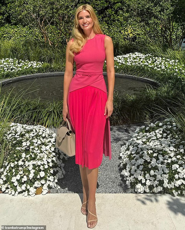 Ivanka welcomed the spring flowers by flaunting her stunning looks while wearing a figure-hugging pink dress.
