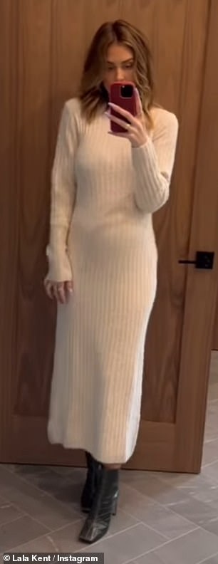 The Vanderpump Rules star, 33, filmed herself in front of a floor-length mirror in a chic, fitted cream sweater dress.