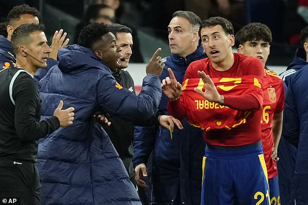 Cucurella's tackle sparked a touchline brawl involving Brazilian star Vinicius Jr., and Spaniard Mikel Oyarzabal appeared to try to calm him down.