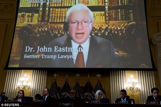 John Eastman, former lawyer for former US President Donald Trump, is seen speaking in a video shown above during the fourth of eight public hearings planned by the US House Select Committee to investigate the January 6 attack.