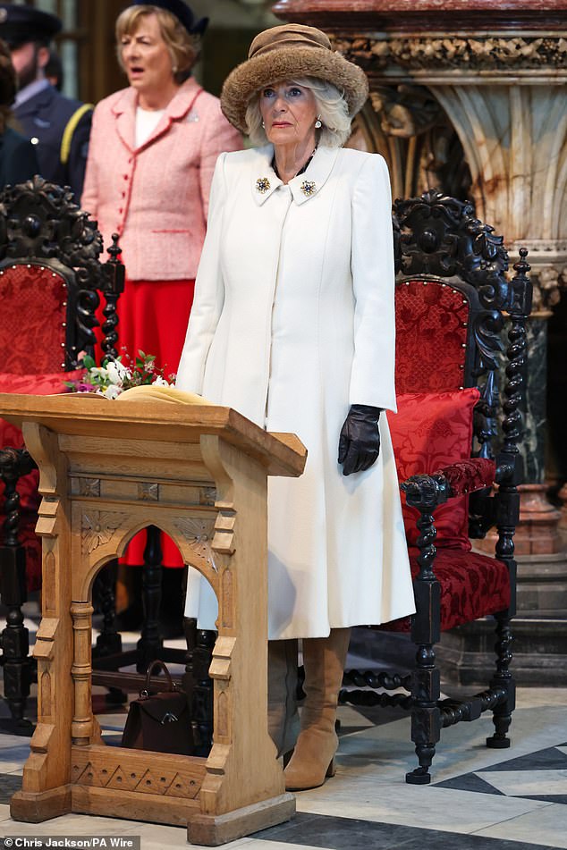 Queen Camilla attends the Royal Maundy service at Worcester Cathedral in the king's absence