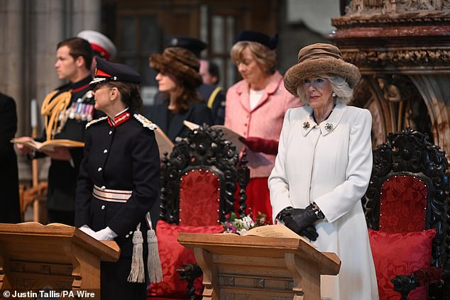 Queen Camilla attends the Royal Maundy service at Worcester Cathedral this afternoon
