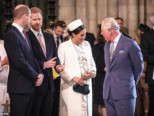 William, Harry, Meghan and Charles speak together at a service at Westminster Abbey in March 2019, a year before the Sussexes quit as royals and moved to the US.