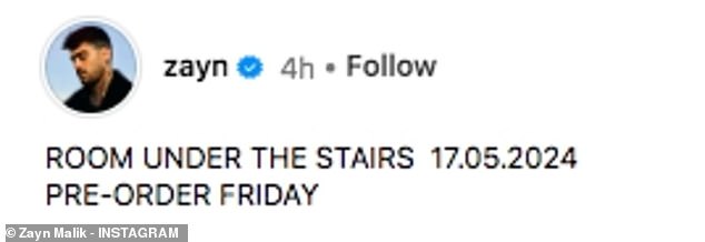 Zayn officially announced his new album called Room Under The Stairs on Wednesday
